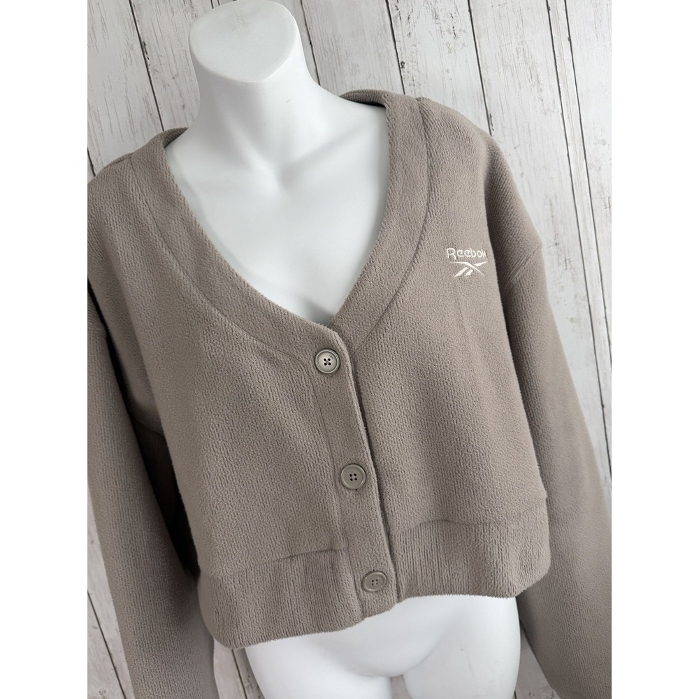 Reebok Womens Classics Wide Knit Cropped Cardigan Sweater Oatmeal Size L